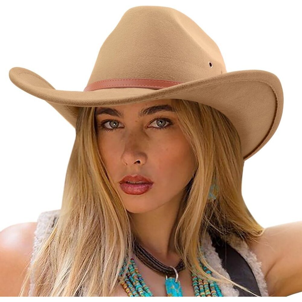 Women's khaki Western With Leather Band Buckle Classic Fedora Cowboy Felt Hat